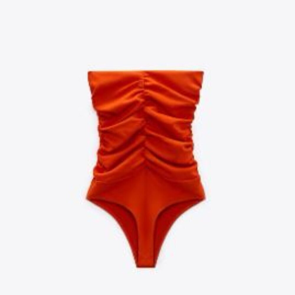 ZARA WOMENS ORANGE RUCHED BODYSUIT STRETCH SIZE M 7901/159/675